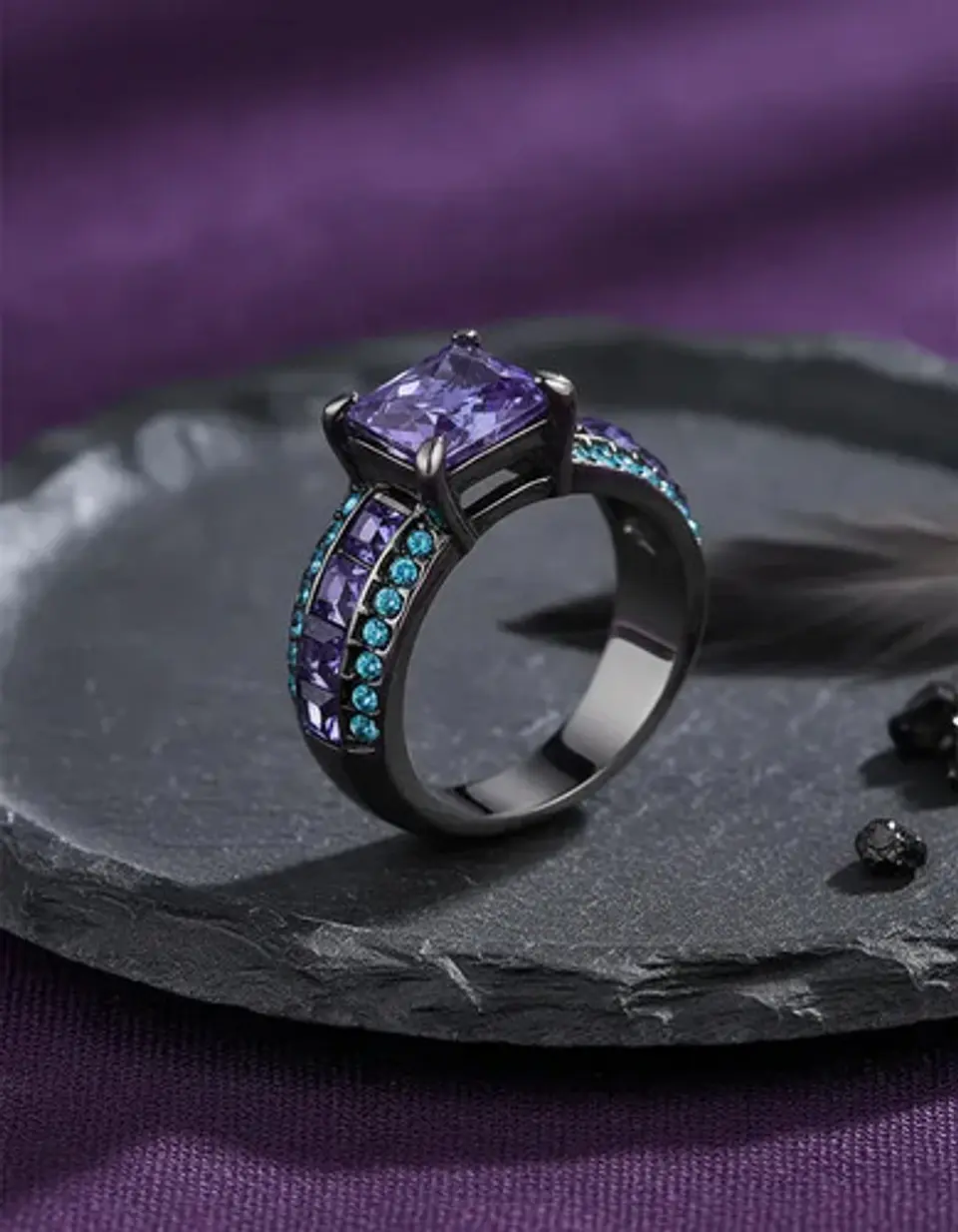 Anillo Vintage Moderno Negro Para Mujeres Con Piedra Lujo 33