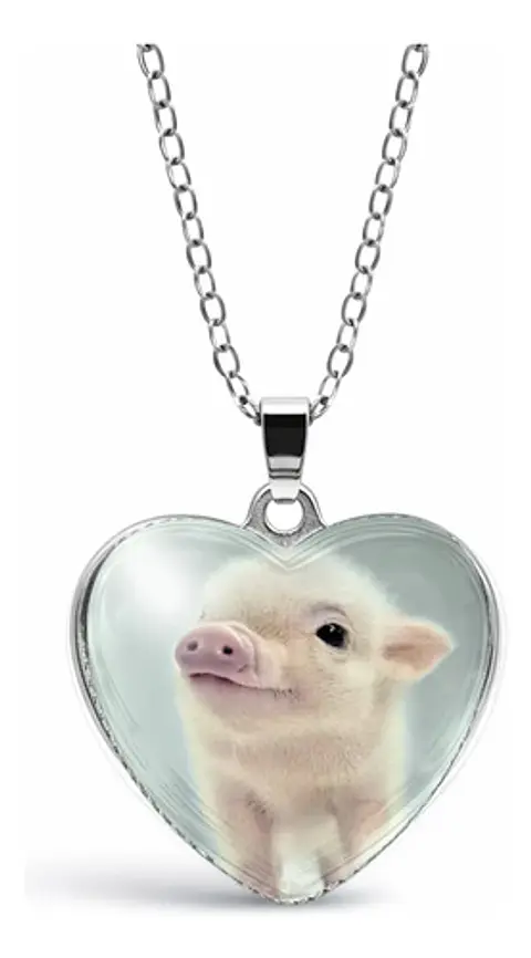 Collar Para Mujer Niña Dije Cabujón Corazón Cerdito Kawaii
