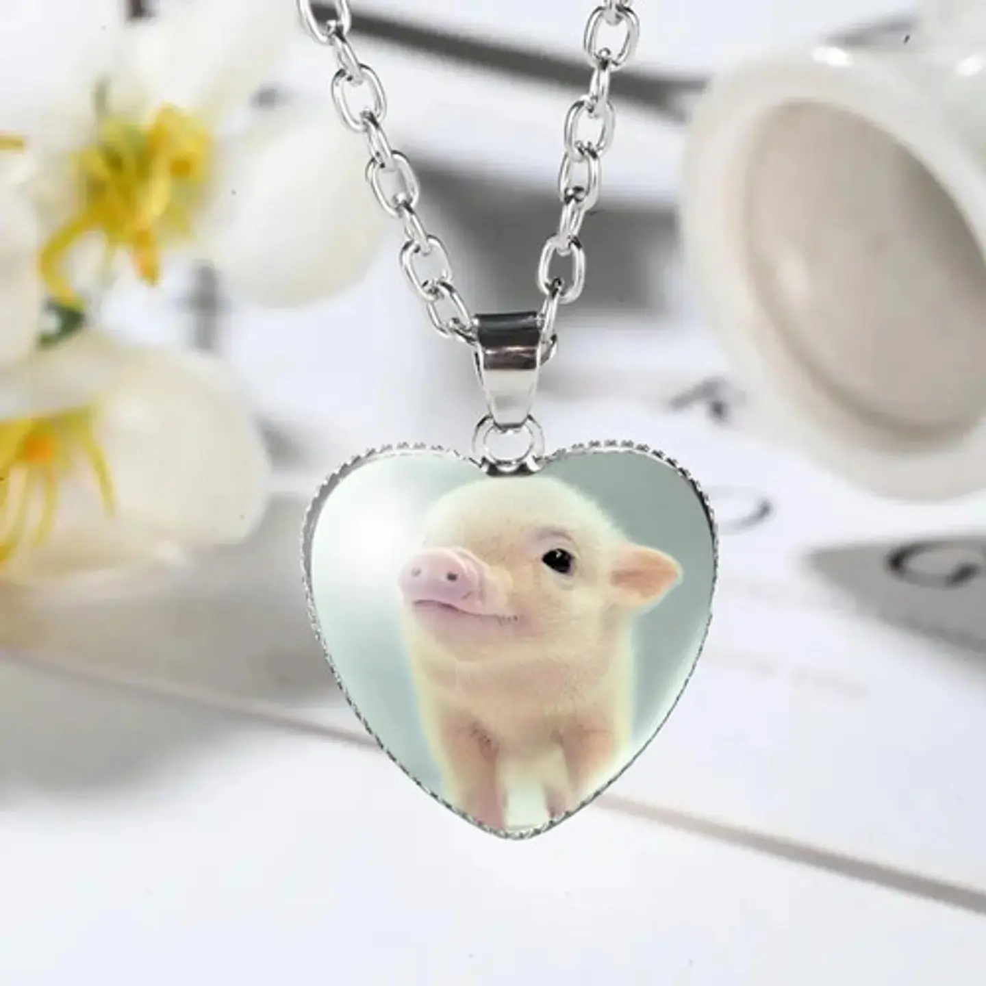 Collar Para Mujer Niña Dije Cabujón Corazón Cerdito Kawaii 4