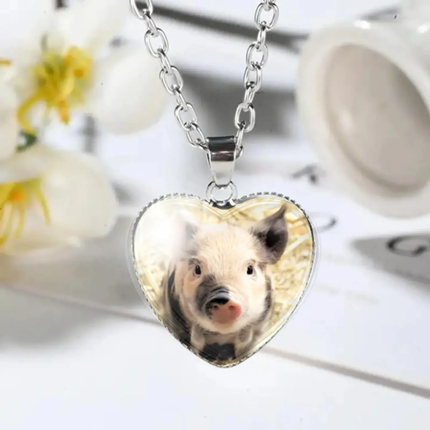 Collar Para Mujer Niña Dije Cabujón Corazón Cerdito Kawaii 14