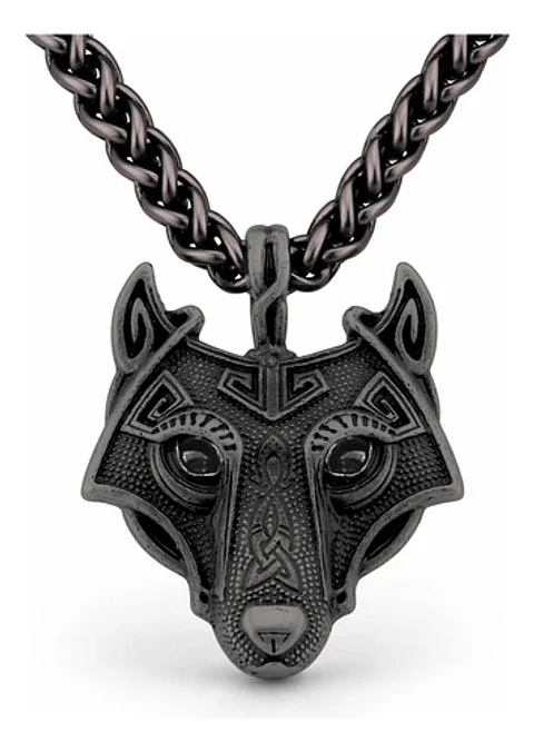 Collar Envejecido Para Hombre Dije Forma Cabeza Lobo Vikingo
