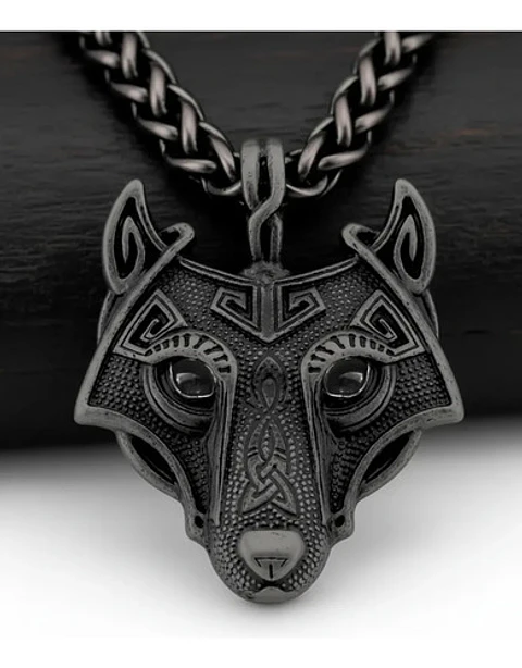Collar Envejecido Para Hombre Dije Forma Cabeza Lobo Vikingo