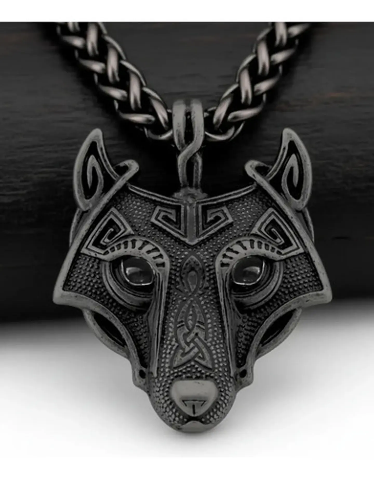 Collar Envejecido Para Hombre Dije Forma Cabeza Lobo Vikingo 2