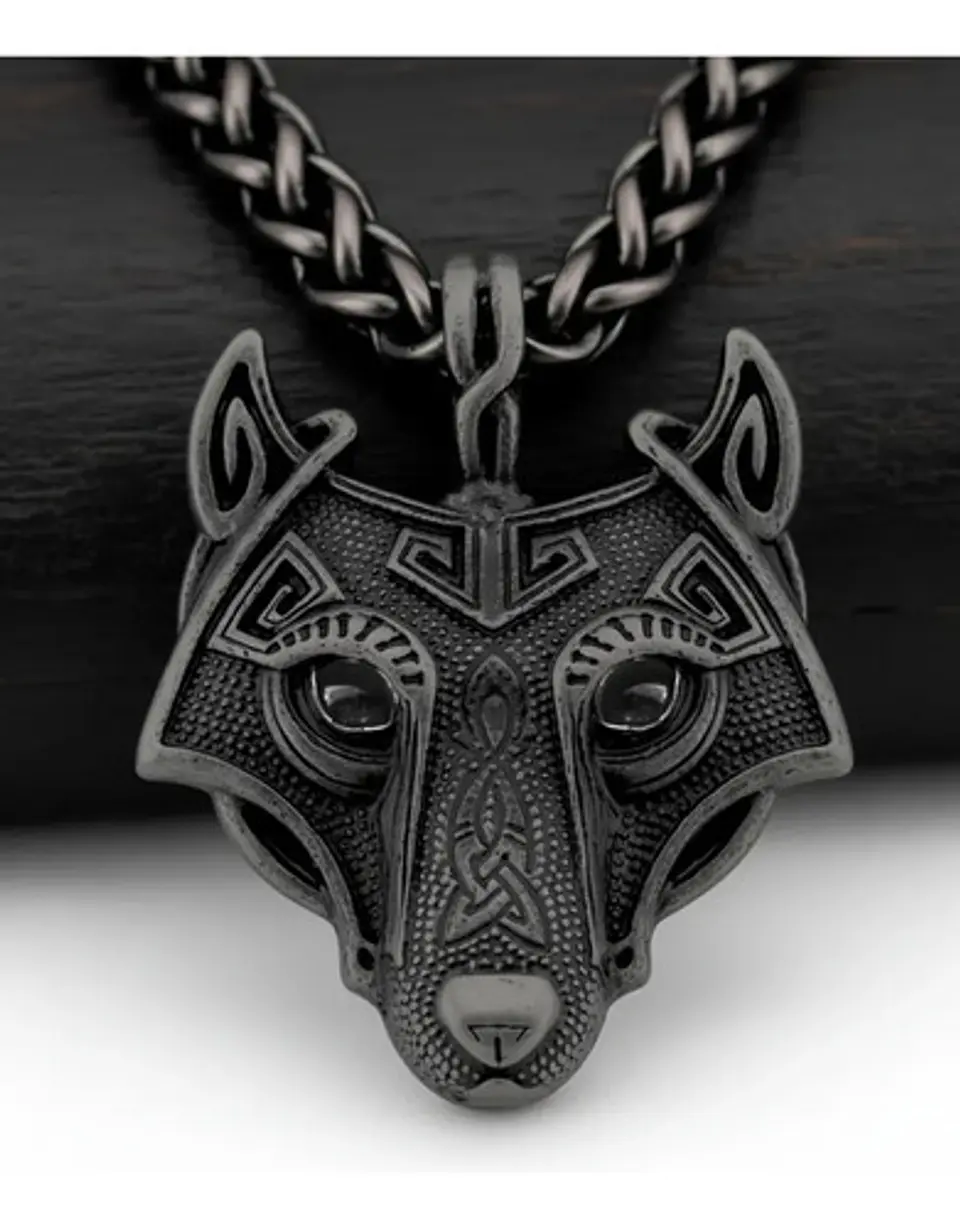 Collar Envejecido Para Hombre Dije Forma Cabeza Lobo Vikingo 2