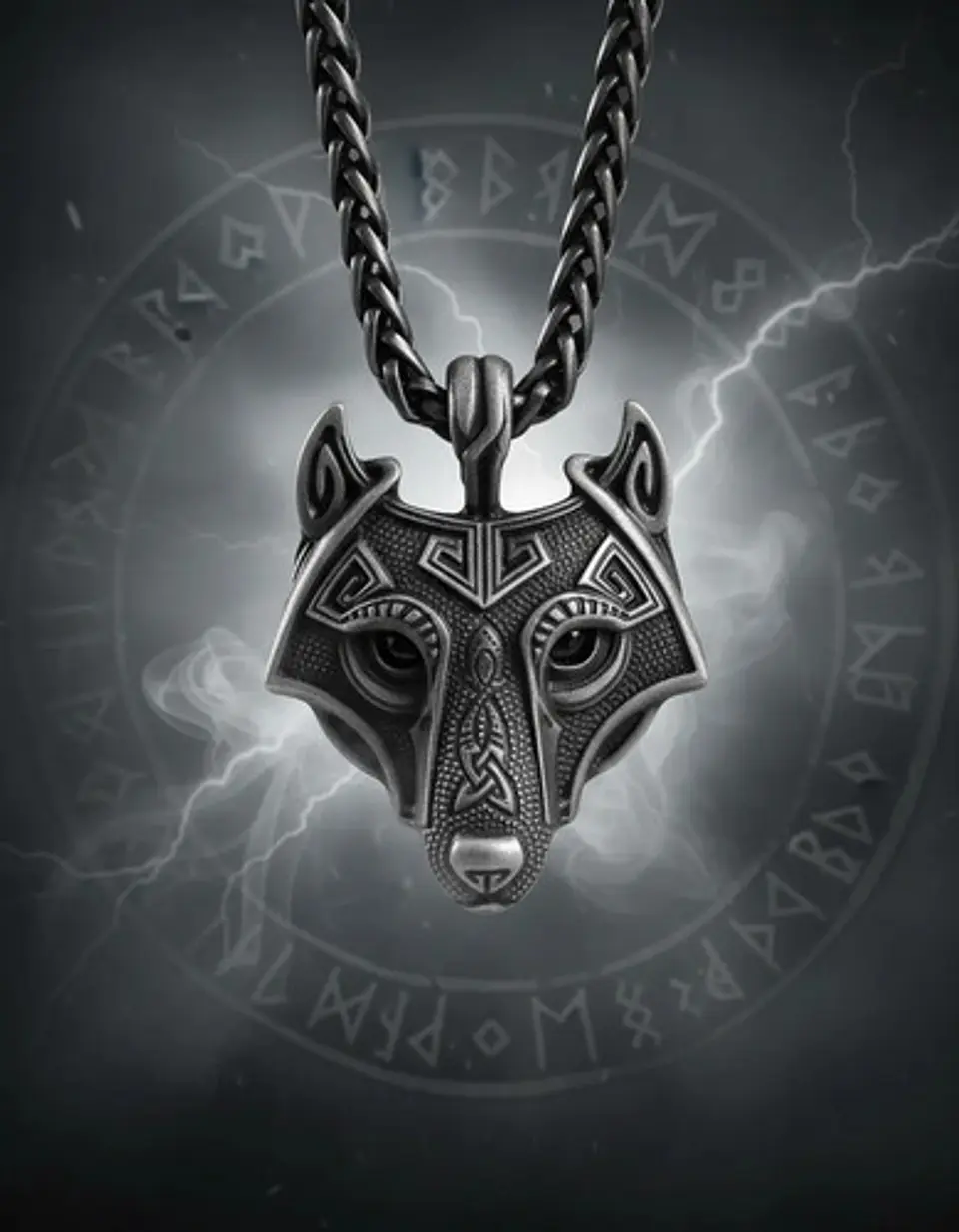 Collar Envejecido Para Hombre Dije Forma Cabeza Lobo Vikingo 4