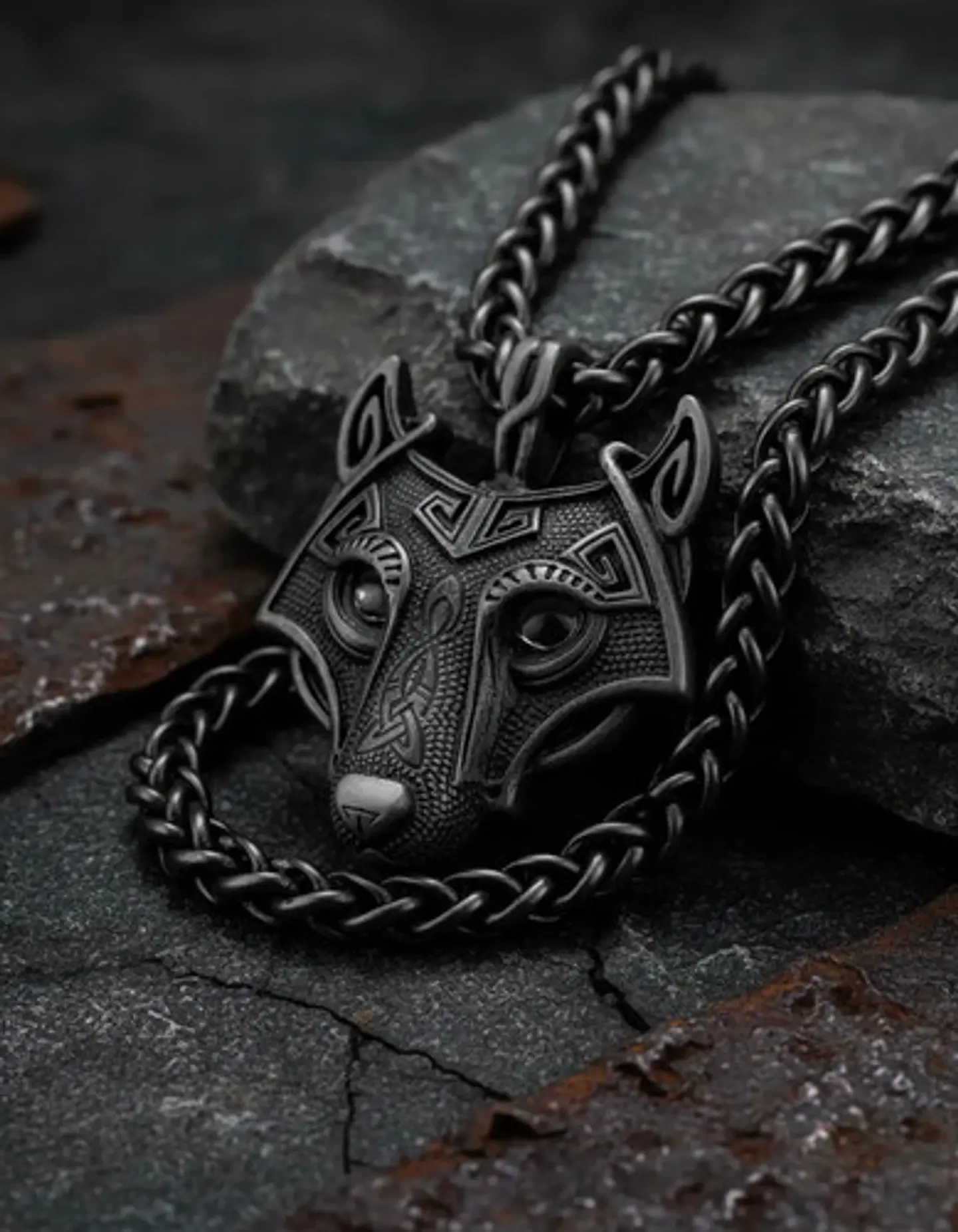 Collar Envejecido Para Hombre Dije Forma Cabeza Lobo Vikingo 9