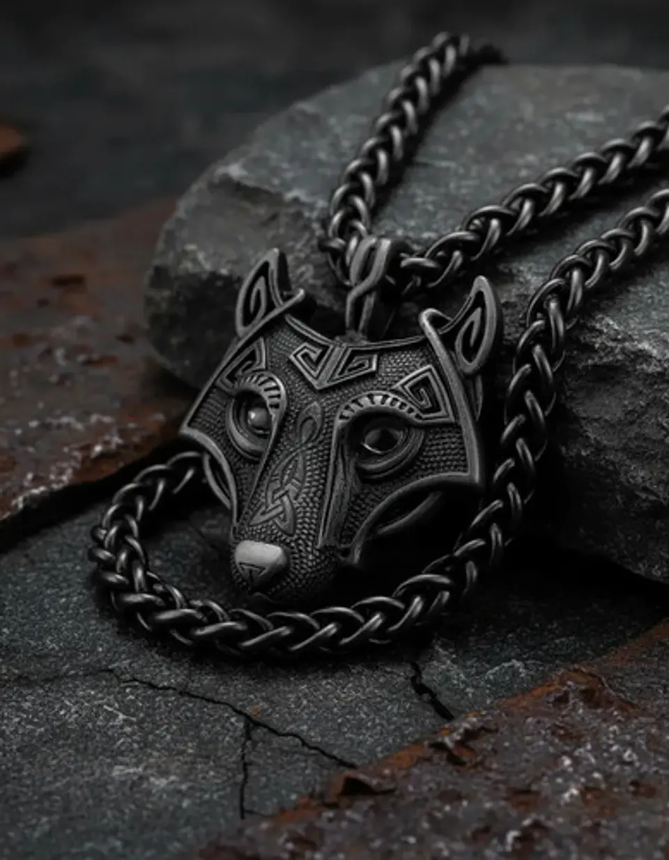 Collar Envejecido Para Hombre Dije Forma Cabeza Lobo Vikingo 9