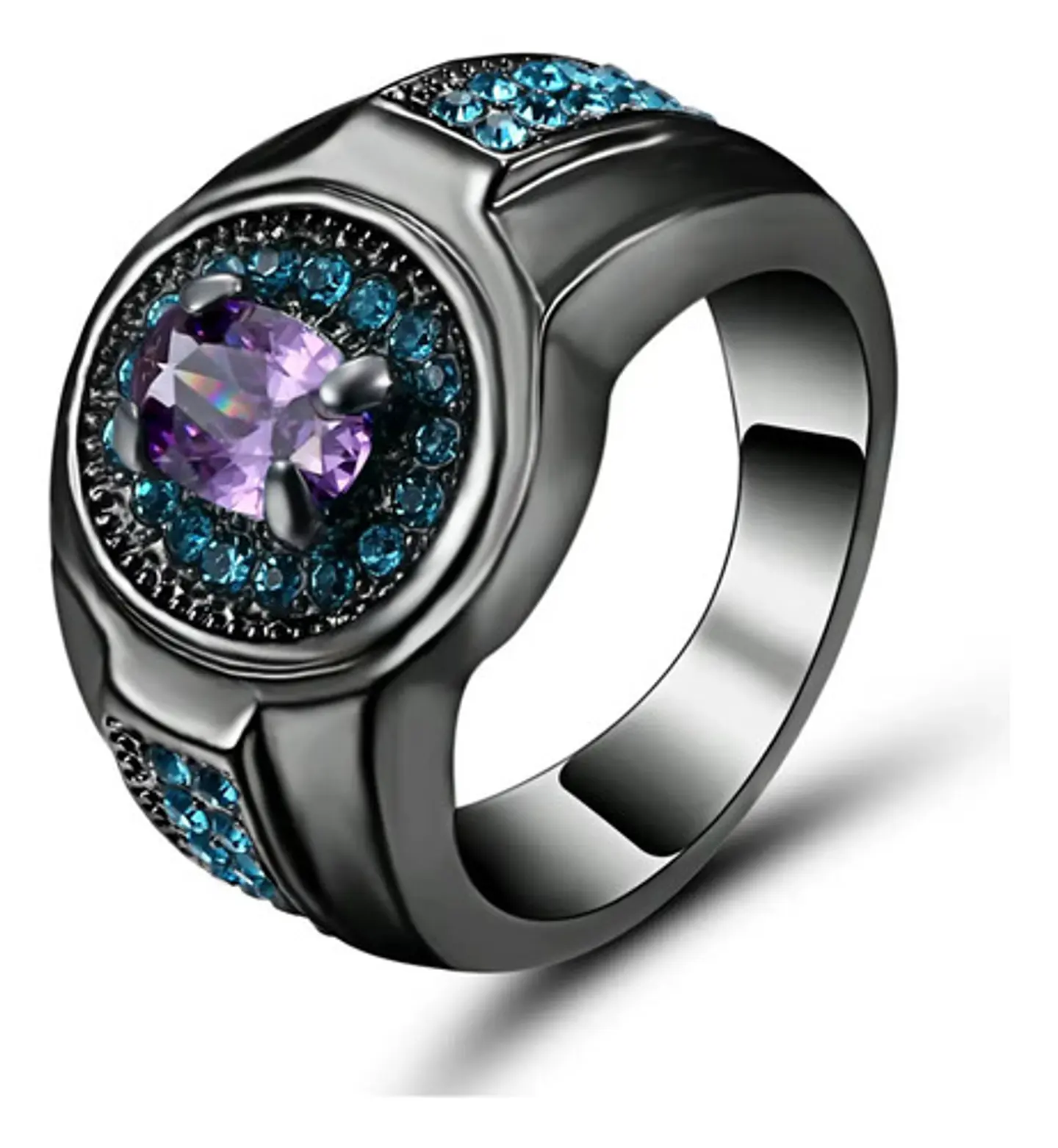 Anillo Moderno Negro Para Mujeres Sello Con Halo Piedras Cz 10