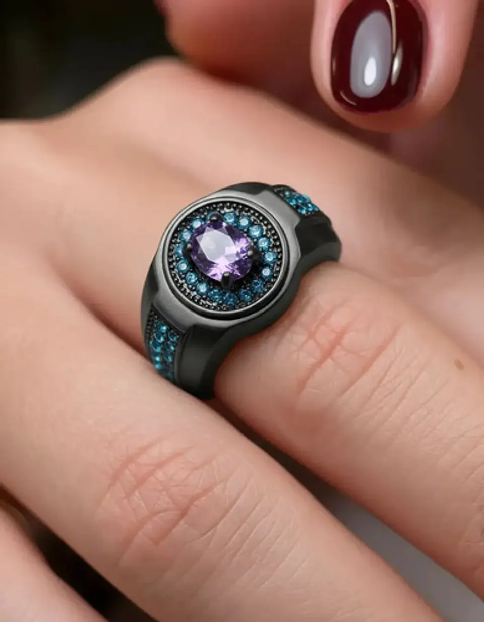 Anillo Moderno Negro Para Mujeres Sello Con Halo Piedras Cz 11