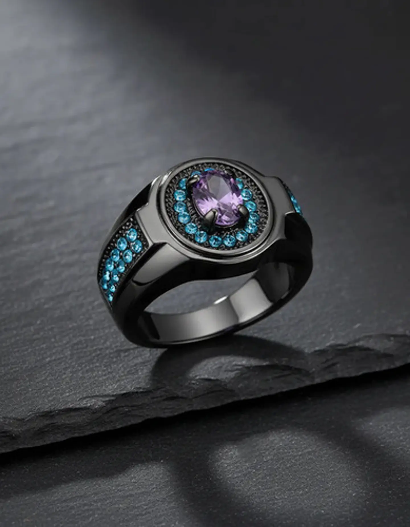 Anillo Moderno Negro Para Mujeres Sello Con Halo Piedras Cz 14