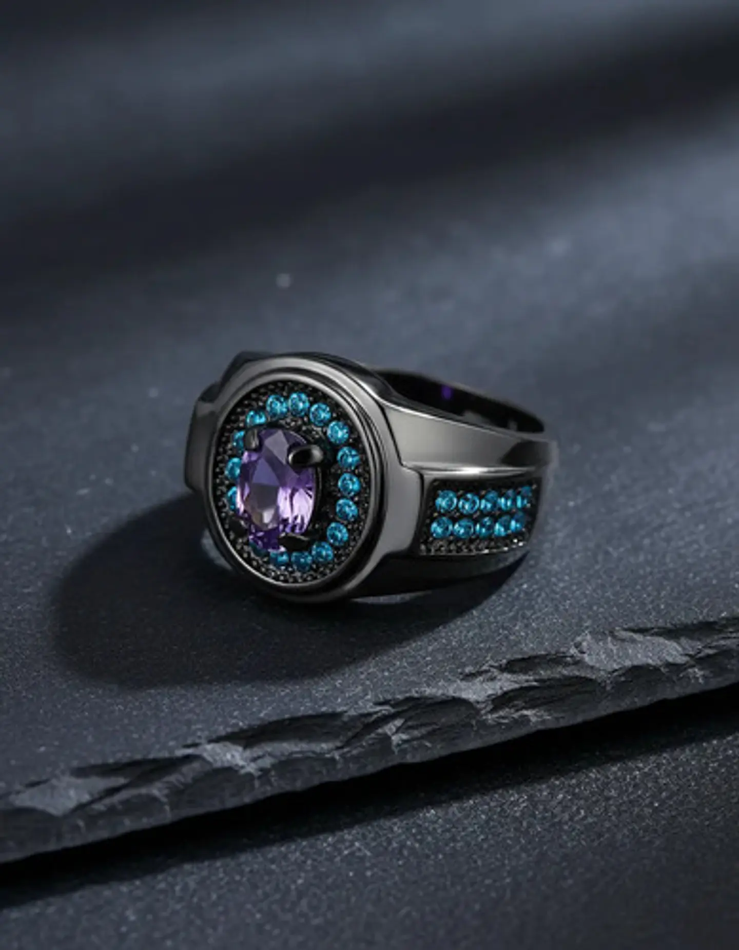Anillo Moderno Negro Para Mujeres Sello Con Halo Piedras Cz 15
