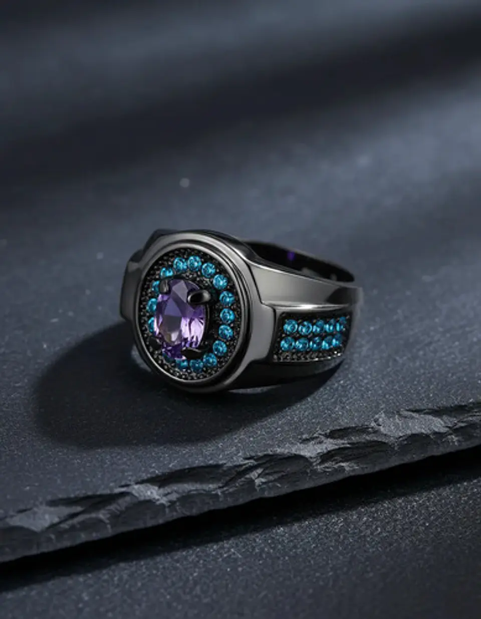 Anillo Moderno Negro Para Mujeres Sello Con Halo Piedras Cz 15