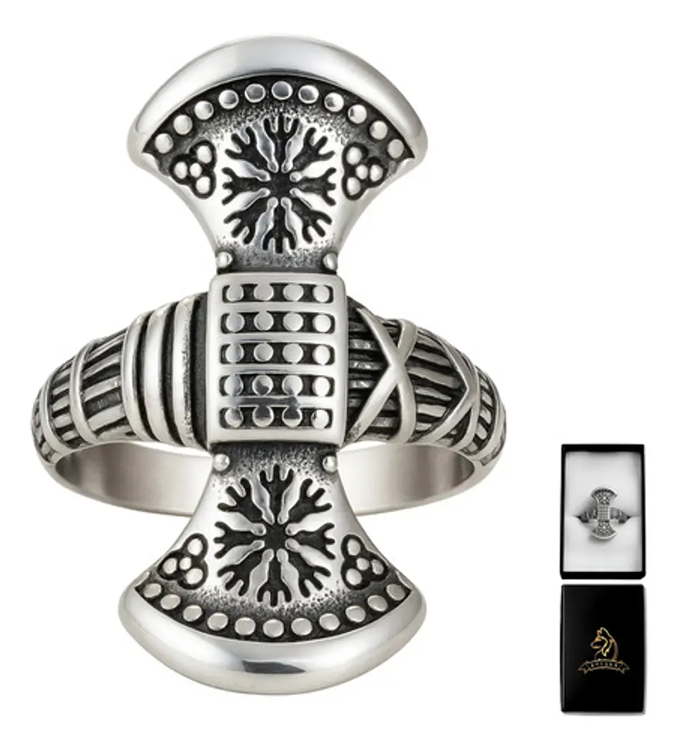 Anillo Para Hombres Vikingo De Acero Color Plata Halo Hacha 1