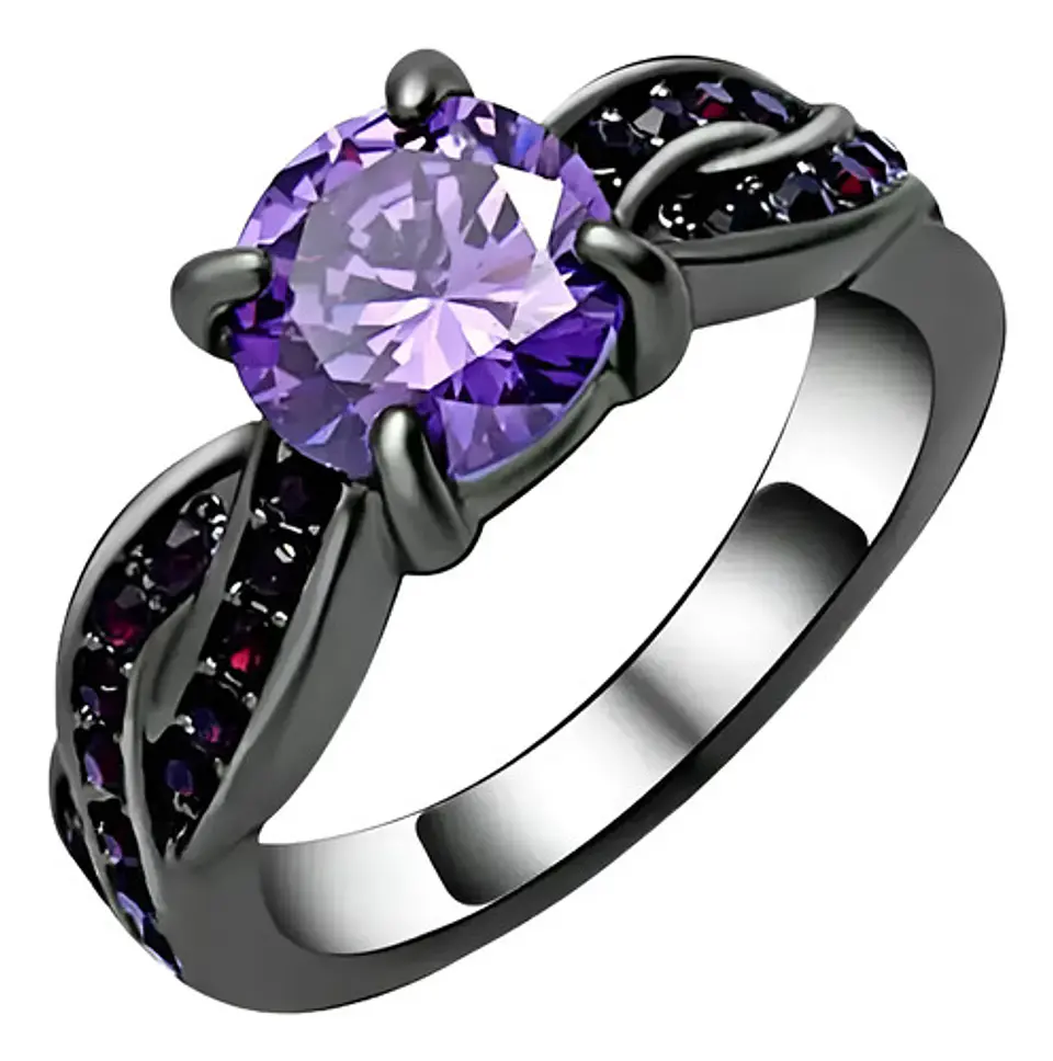 Anillo Moderno Negro Para Mujeres Elegante Cz Corte Redondo 1
