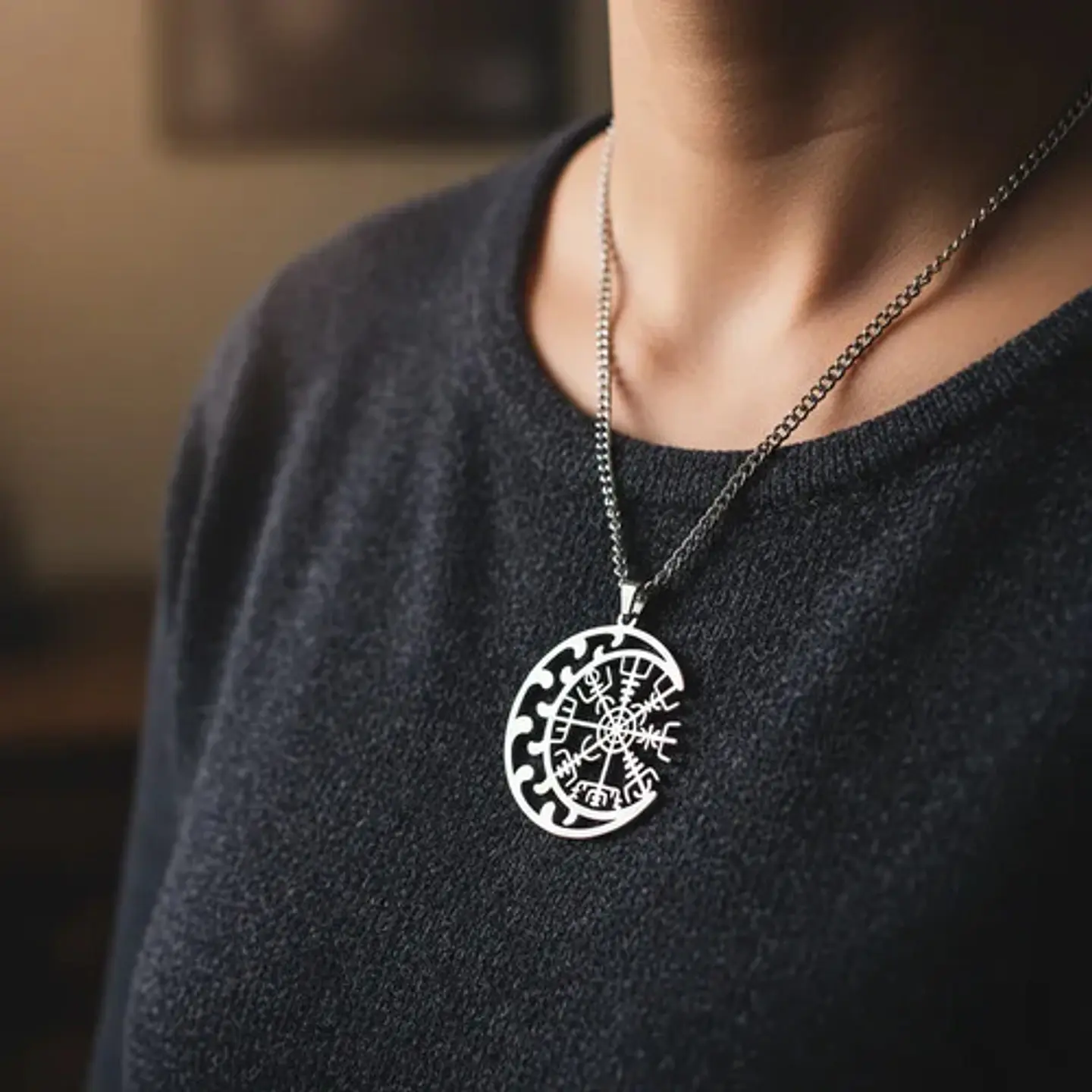 Collar Vikingo De Acero Para Hombre Mujer Dije Luna Vegvísir 15