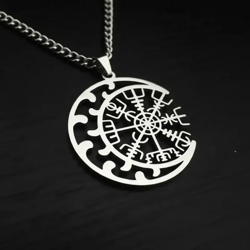 Collar Vikingo De Acero Para Hombre Mujer Dije Luna Vegvísir 18