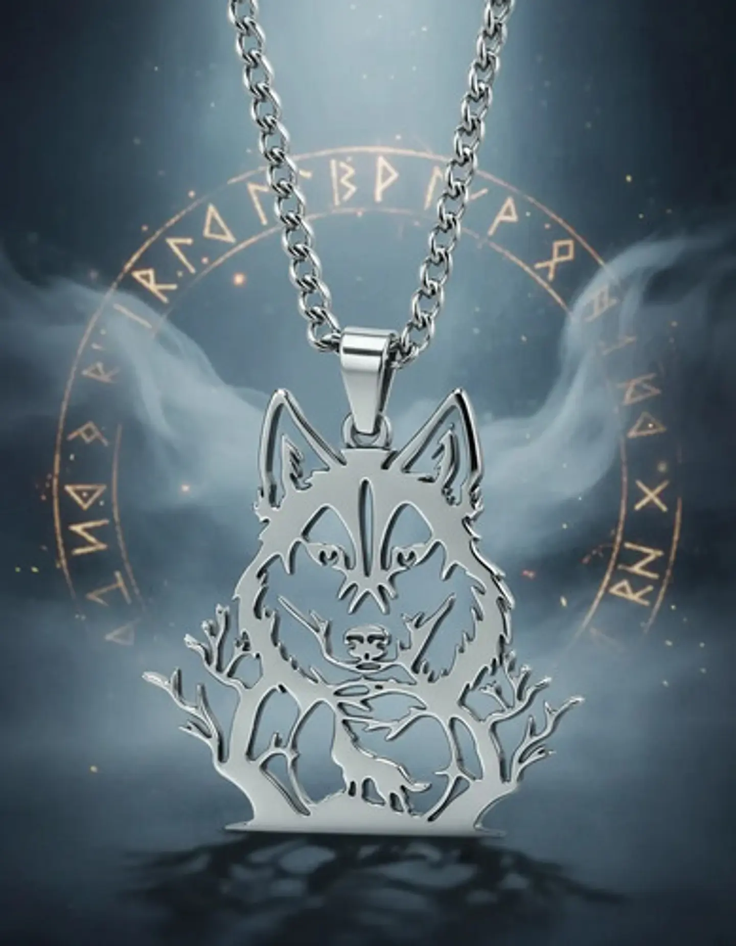 Collar De Acero Para Hombre Y Mujer Dije Bosque Lobo Vikingo 24