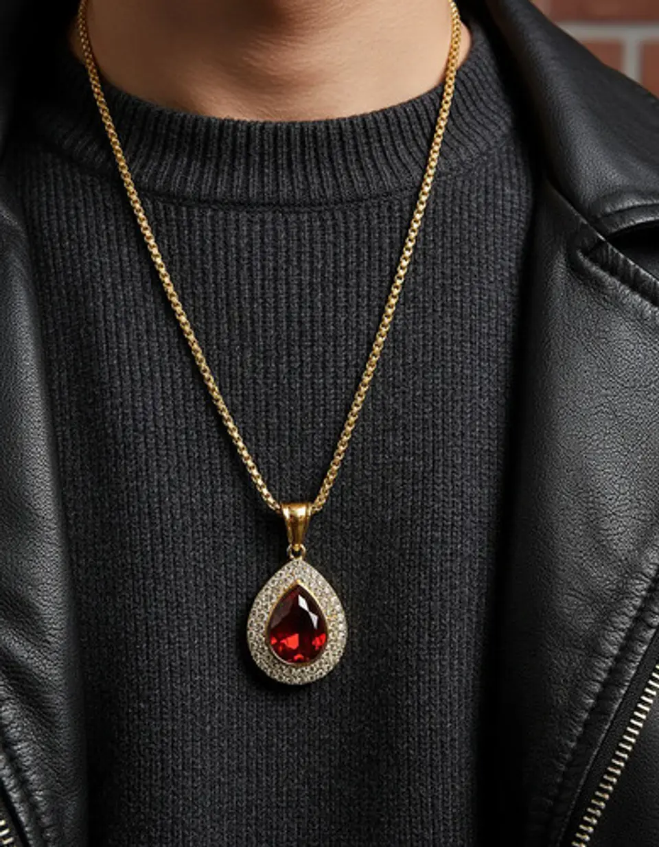 Collar De Acero Color Oro Para Hombre Mujer Dije Gota Piedra 3