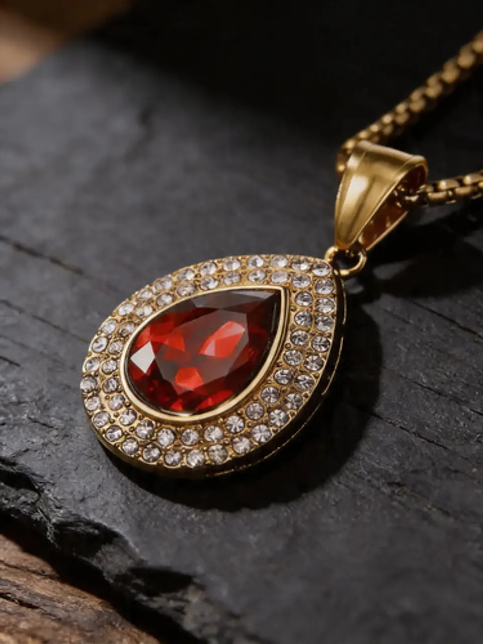 Collar De Acero Color Oro Para Hombre Mujer Dije Gota Piedra 6