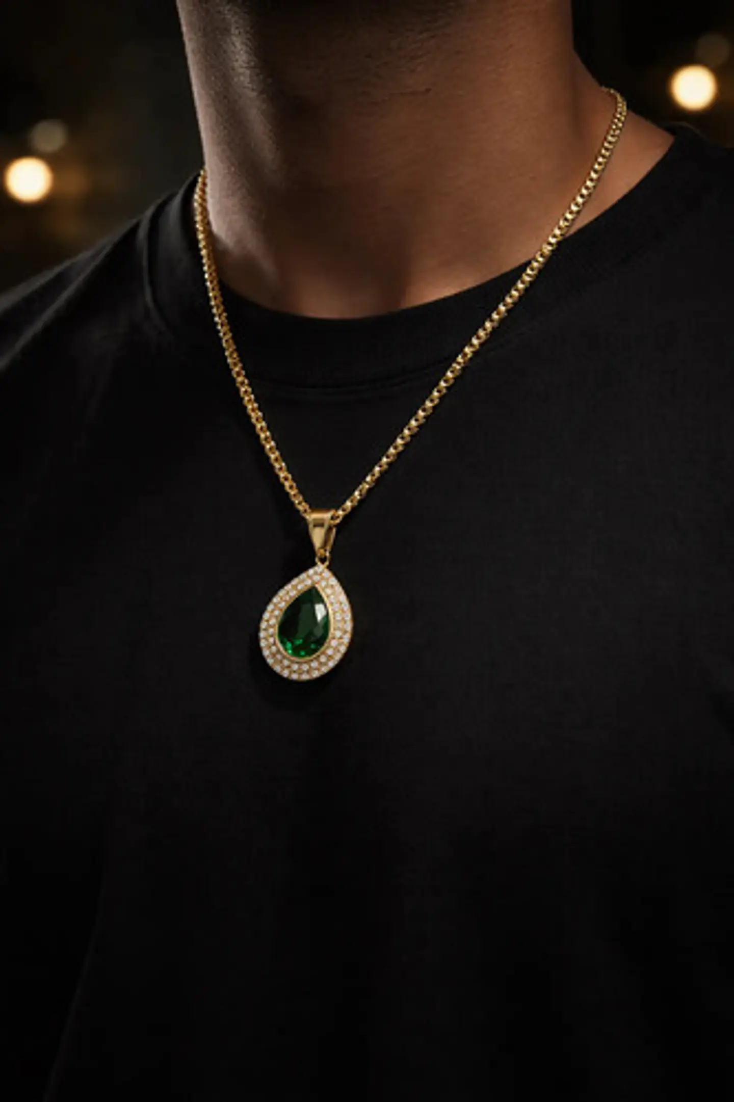 Collar De Acero Color Oro Para Hombre Mujer Dije Gota Piedra 23
