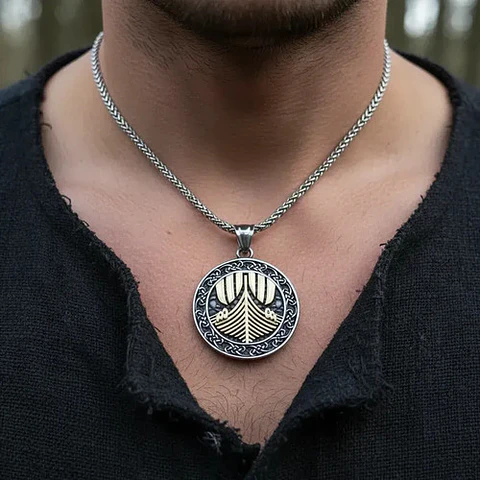 Collar Vikingo En Acero Para Hombres Medallón Drakkar Barco