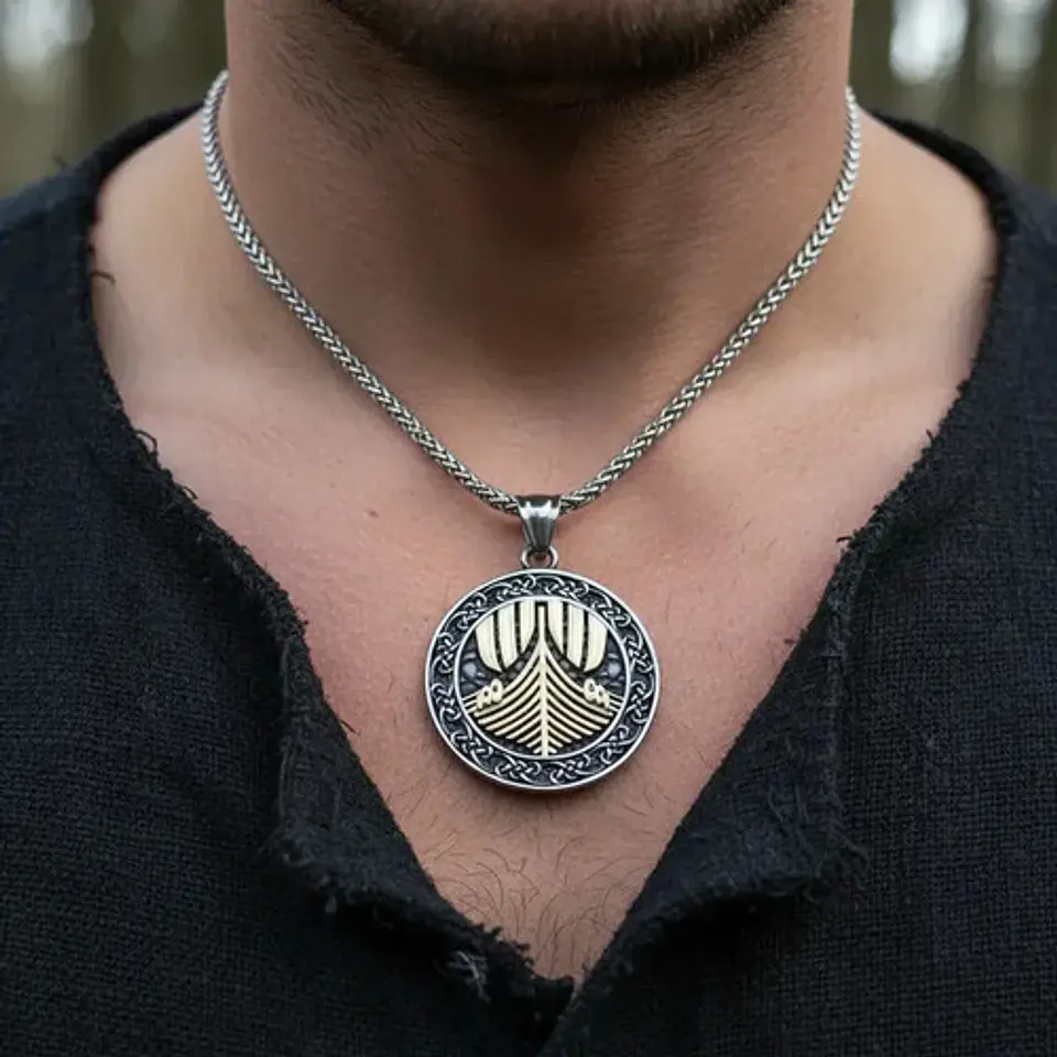 Collar Vikingo En Acero Para Hombres Medallón Drakkar Barco 2