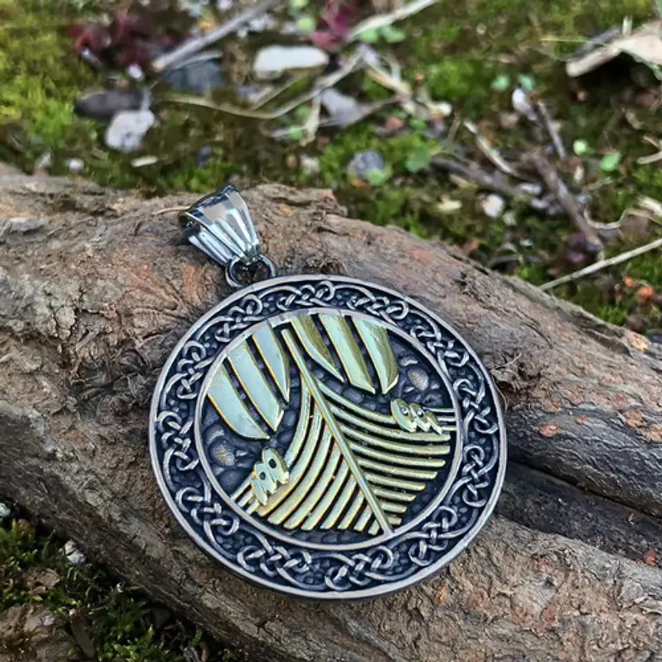 Collar Vikingo En Acero Para Hombres Medallón Drakkar Barco 3