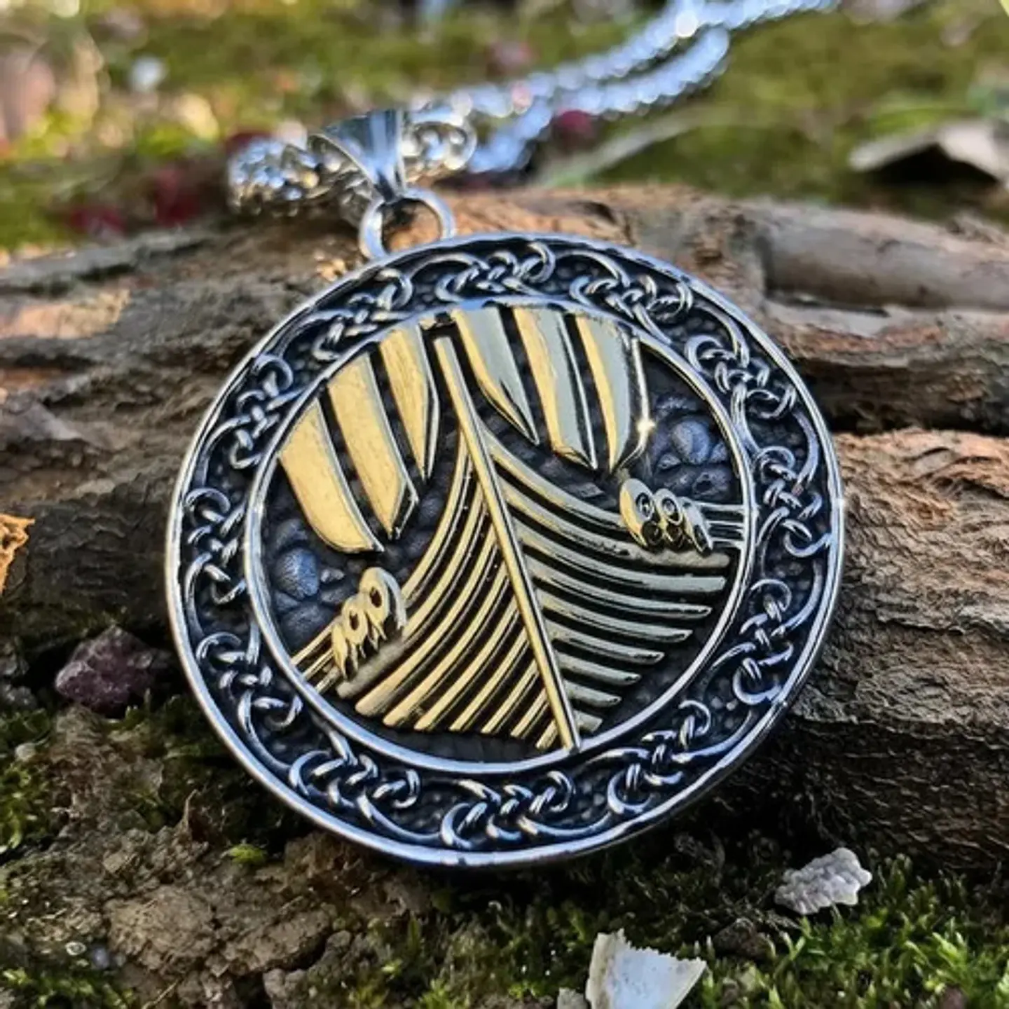 Collar Vikingo En Acero Para Hombres Medallón Drakkar Barco 4