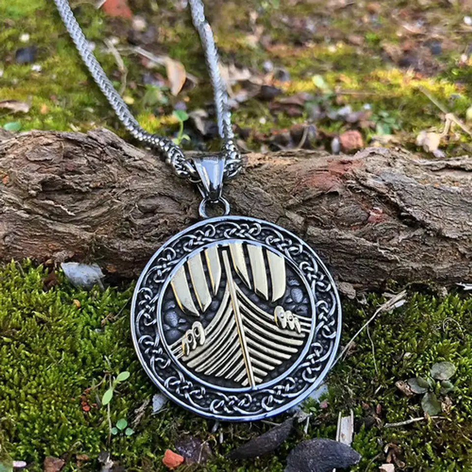 Collar Vikingo En Acero Para Hombres Medallón Drakkar Barco 6