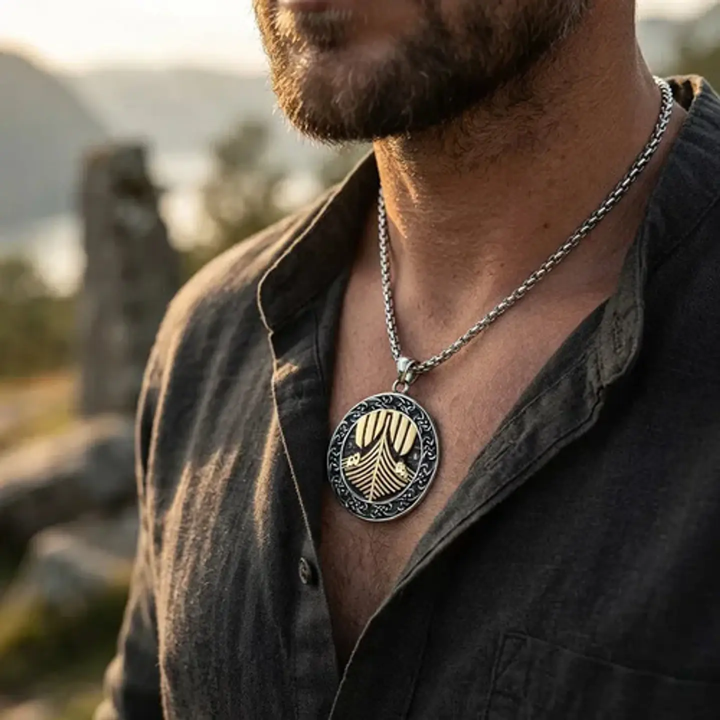 Collar Vikingo En Acero Para Hombres Medallón Drakkar Barco 10