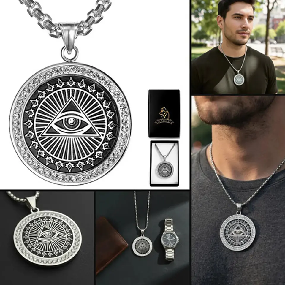 Collar Masón En Acero Para Hombre Dije Ojo De La Providencia 2