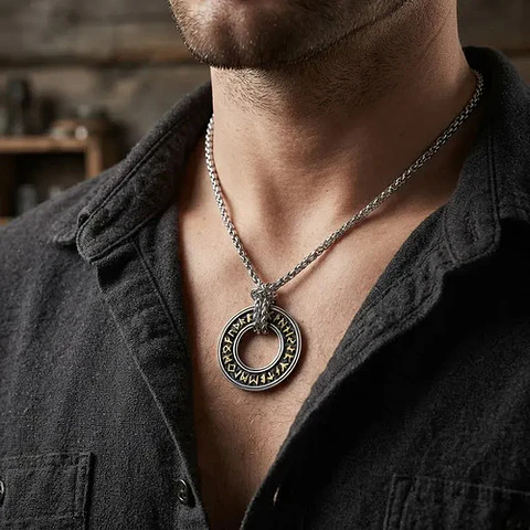 Collar Vikingo En Acero Para Hombres Dije Circular De Runas