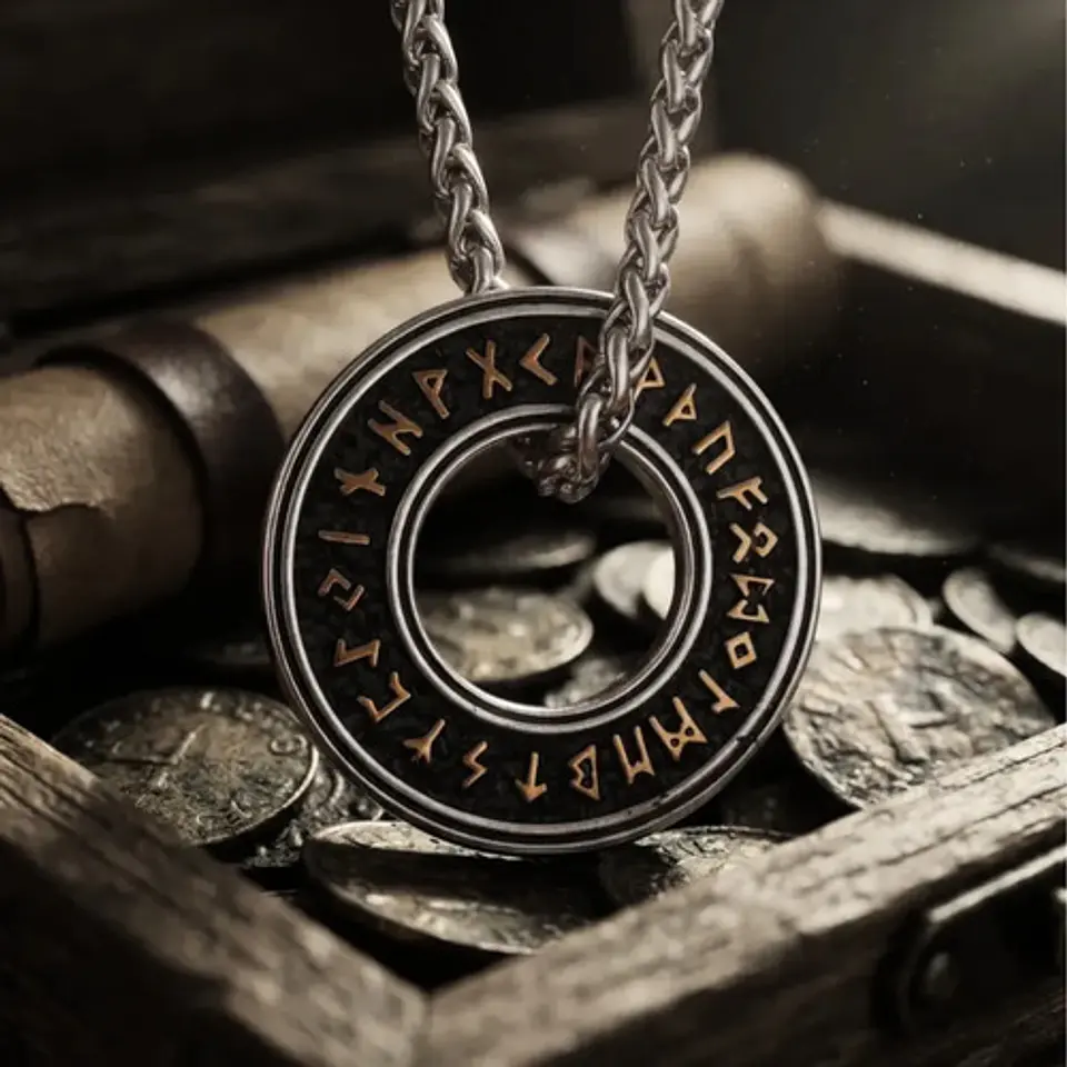 Collar Vikingo En Acero Para Hombres Dije Circular De Runas 3