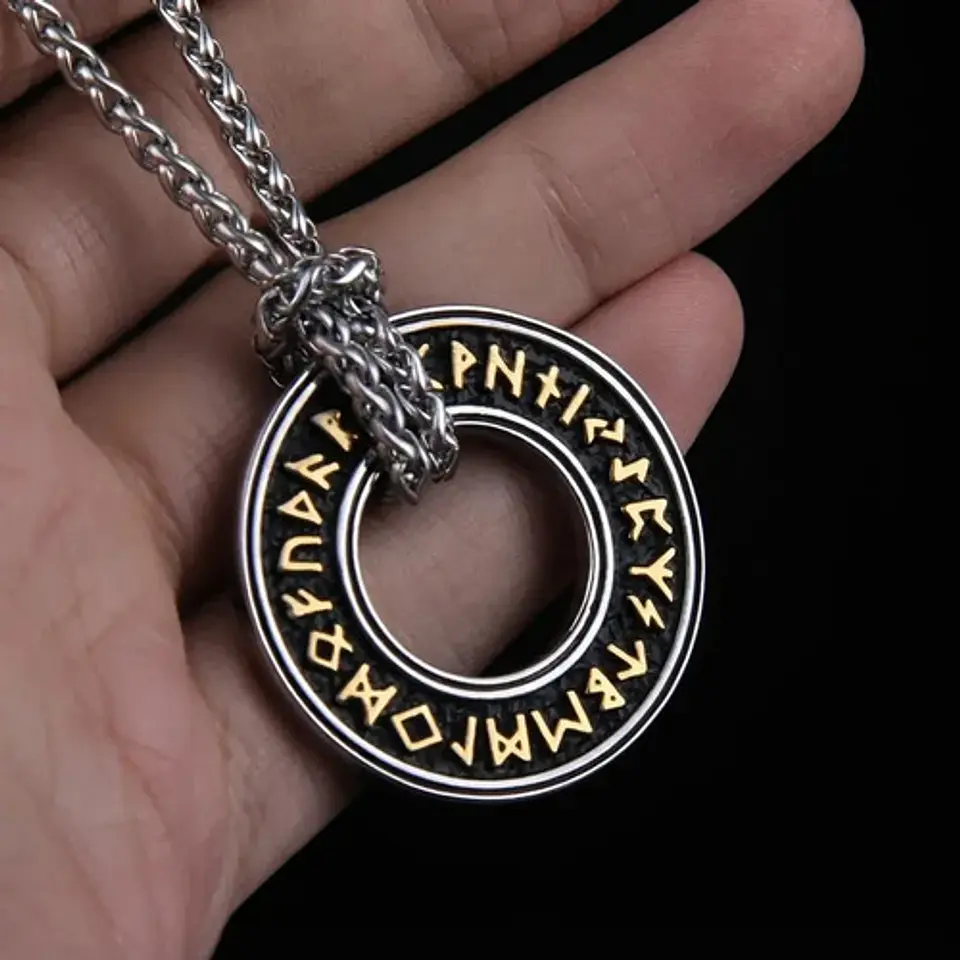 Collar Vikingo En Acero Para Hombres Dije Circular De Runas 5