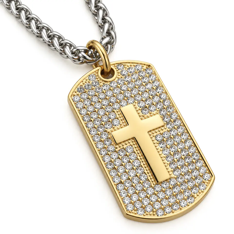 Collar en Acero para hombre dije tag Placa cruz incrustaciones de Cz Militar  1
