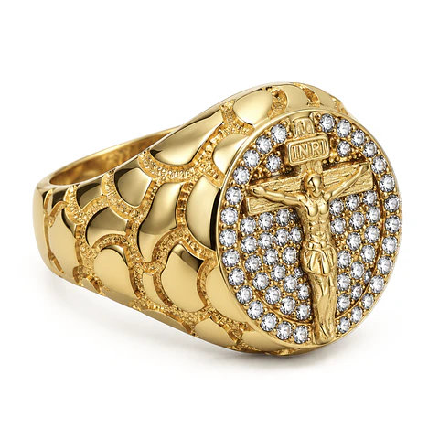 Anillo Para Hombre Cruz Jesús Hip Hop De Acero Color Oro