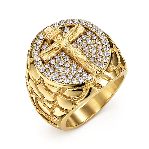 Anillo Para Hombre Cruz Jesús Hip Hop De Acero Color Oro