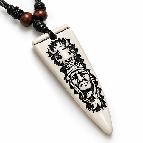 Collar Colgante Cuero Colmillo Jefe Indio Tribu Hombre Mujer