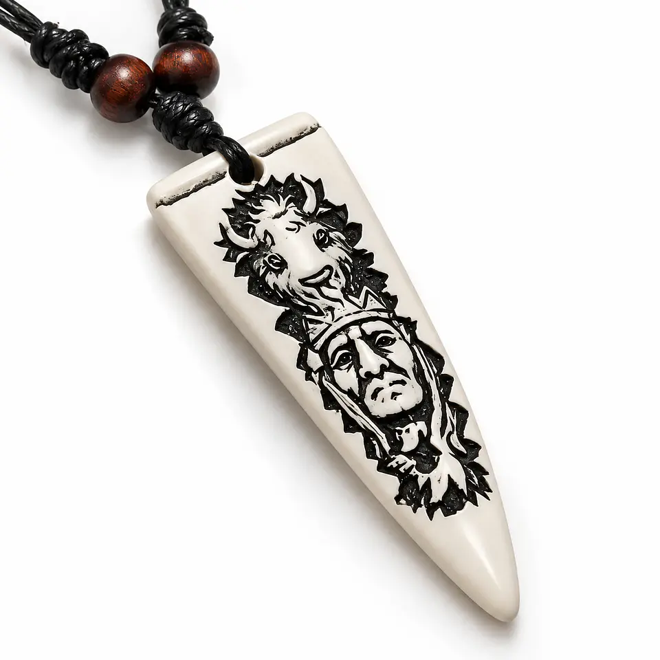 Collar Colgante Cuero Colmillo Jefe Indio Tribu Hombre Mujer 1