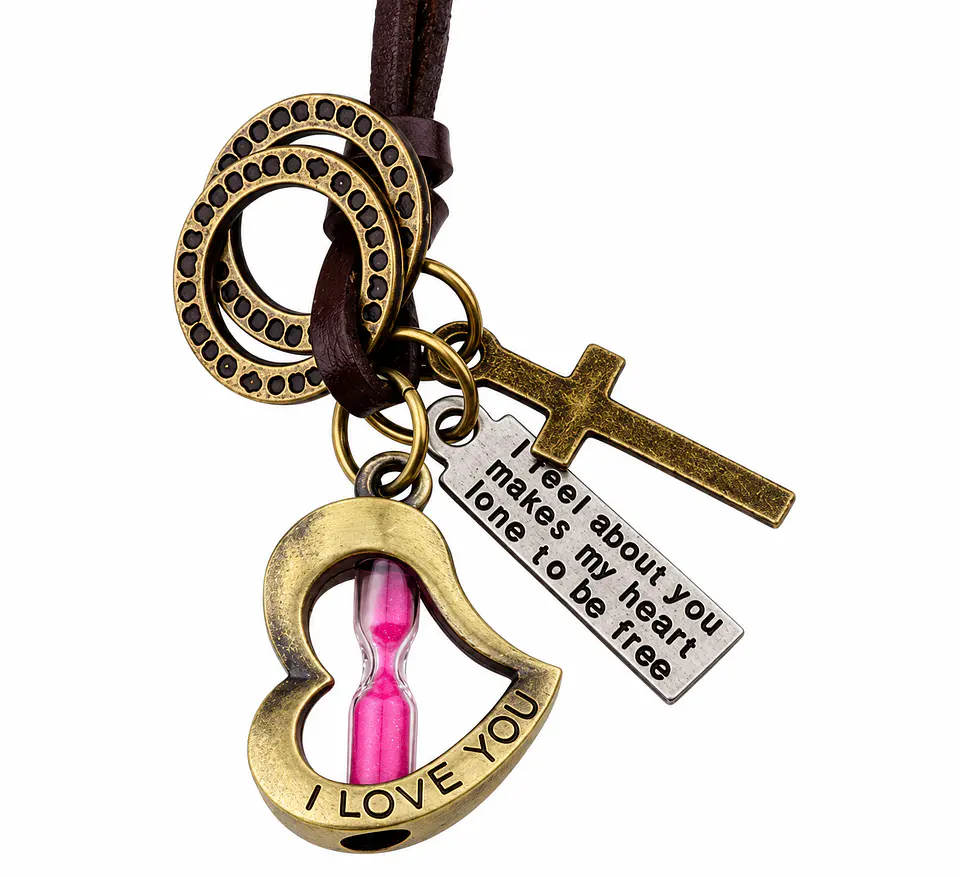 Collar Colgante Cuero Hombre Mujer Corazón Rosa Arena Moda 2