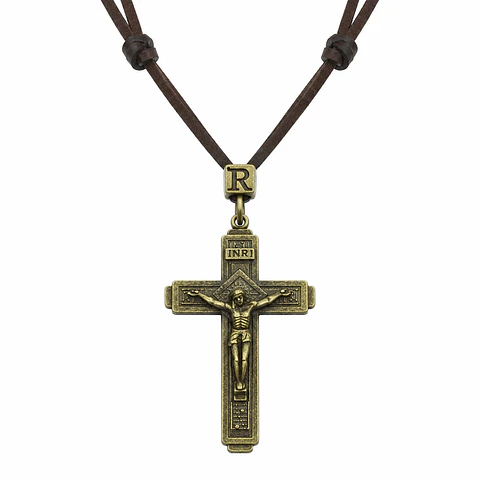 Collar Cuero Sintético Cruz Católico Jesus Hombre Y Mujer