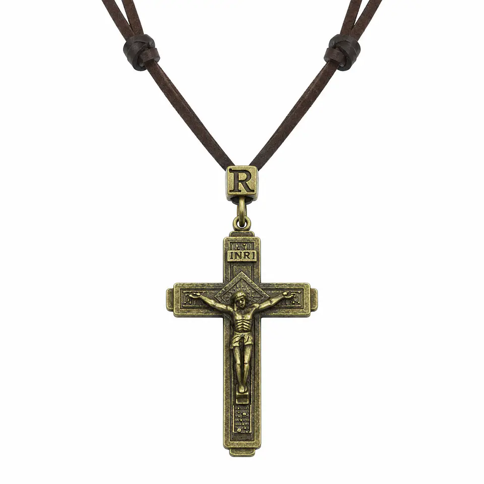 Collar Cuero Sintético Cruz Católico Jesus Hombre Y Mujer 1