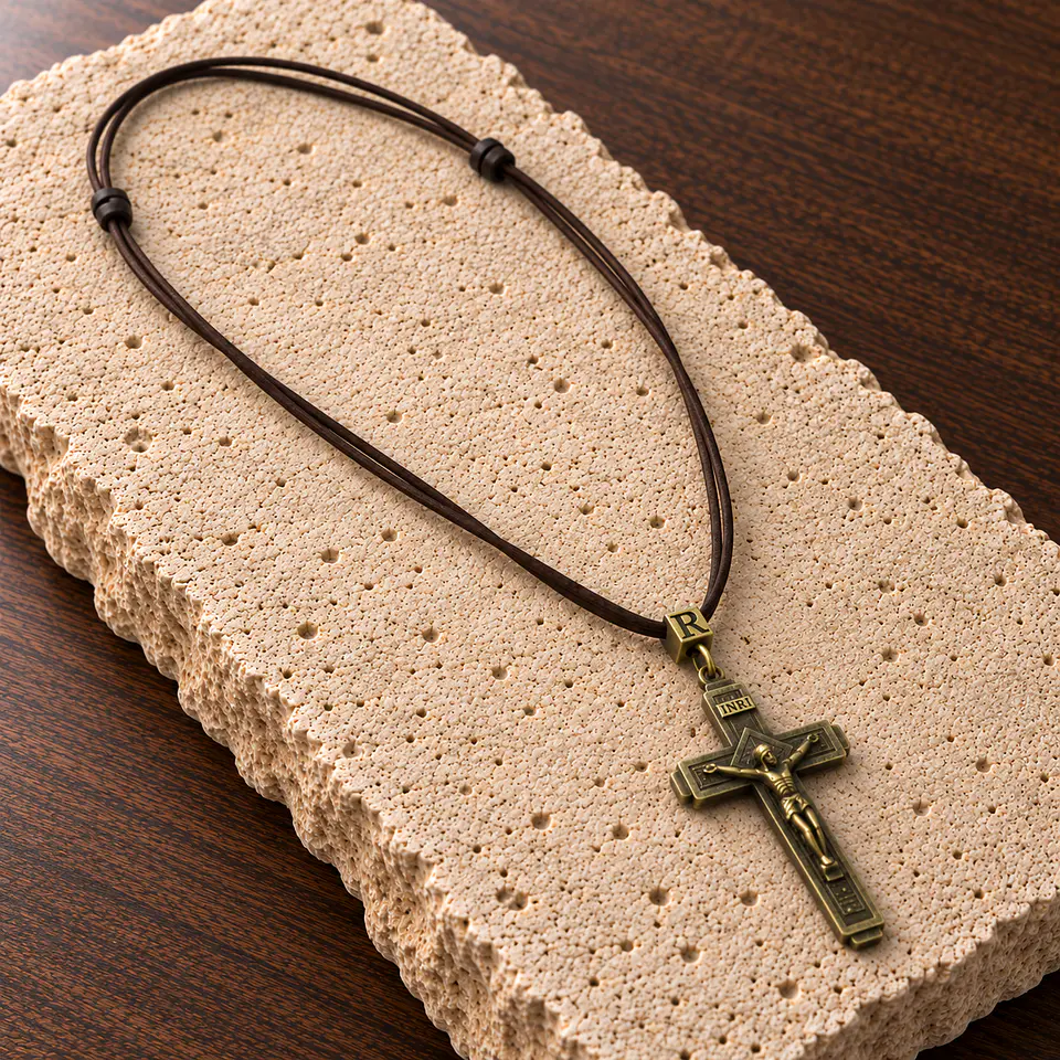 Collar Cuero Sintético Cruz Católico Jesus Hombre Y Mujer 3