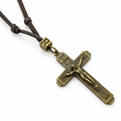 Collar Cuero Sintético Cruz Católico Jesus Hombre Y Mujer