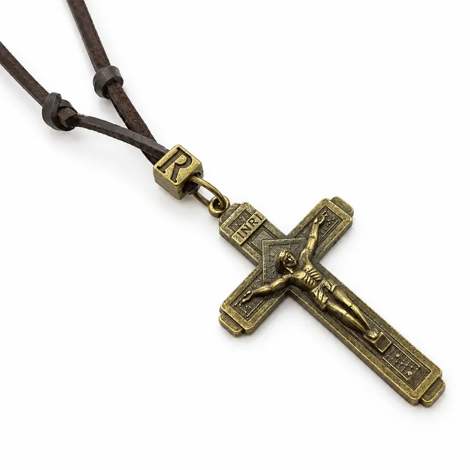Collar Cuero Sintético Cruz Católico Jesus Hombre Y Mujer 2