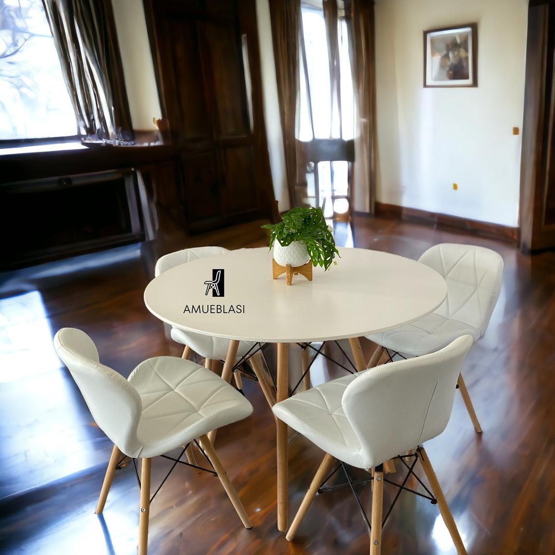Comedor Mesa Redonda Melamina Eames Blanca  + Sillas Radar 1