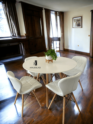 Comedor Mesa Redonda Melamina Eames Blanca  + Sillas Radar