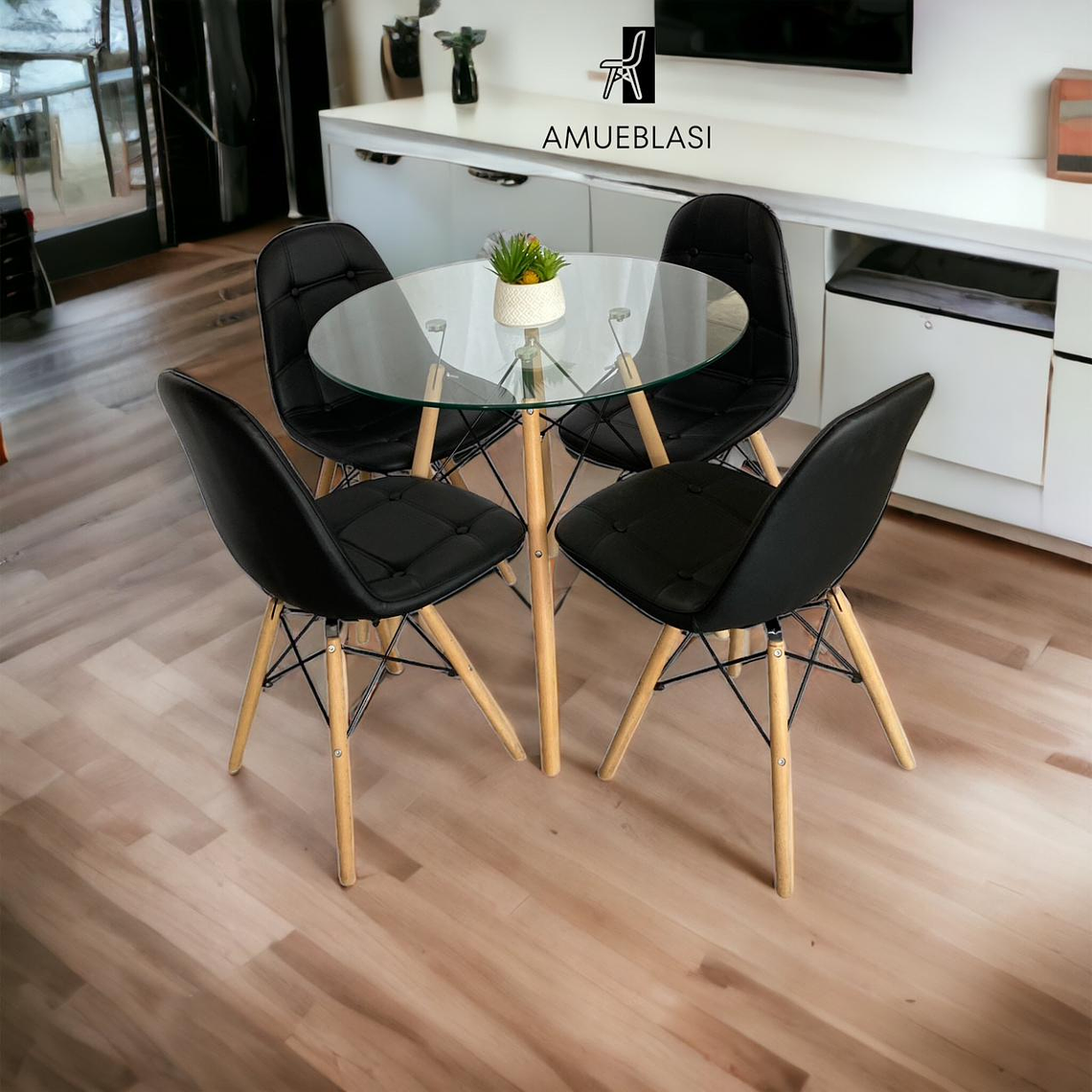Comedor Mesa Redonda Vidrio Eames + Sillas Buckle 1