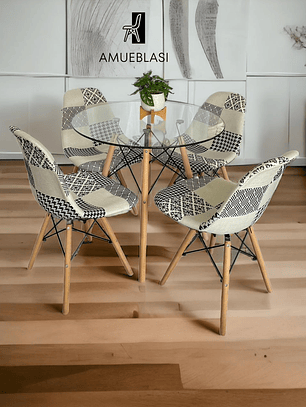 Comedor Mesa Redonda Vidrio Eames + Sillas Patchwork