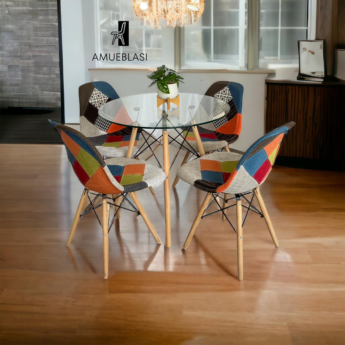 Comedor Mesa Redonda Vidrio Eames + Sillas Patchwork 1